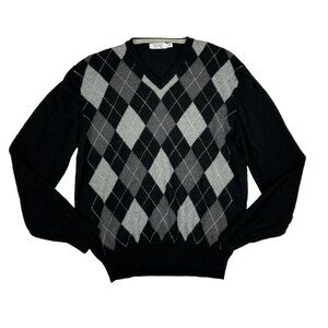 San Marco Sweater Mens M 100% Merino Wool Italy Black‎ Grey Argyle V Neck Jumper